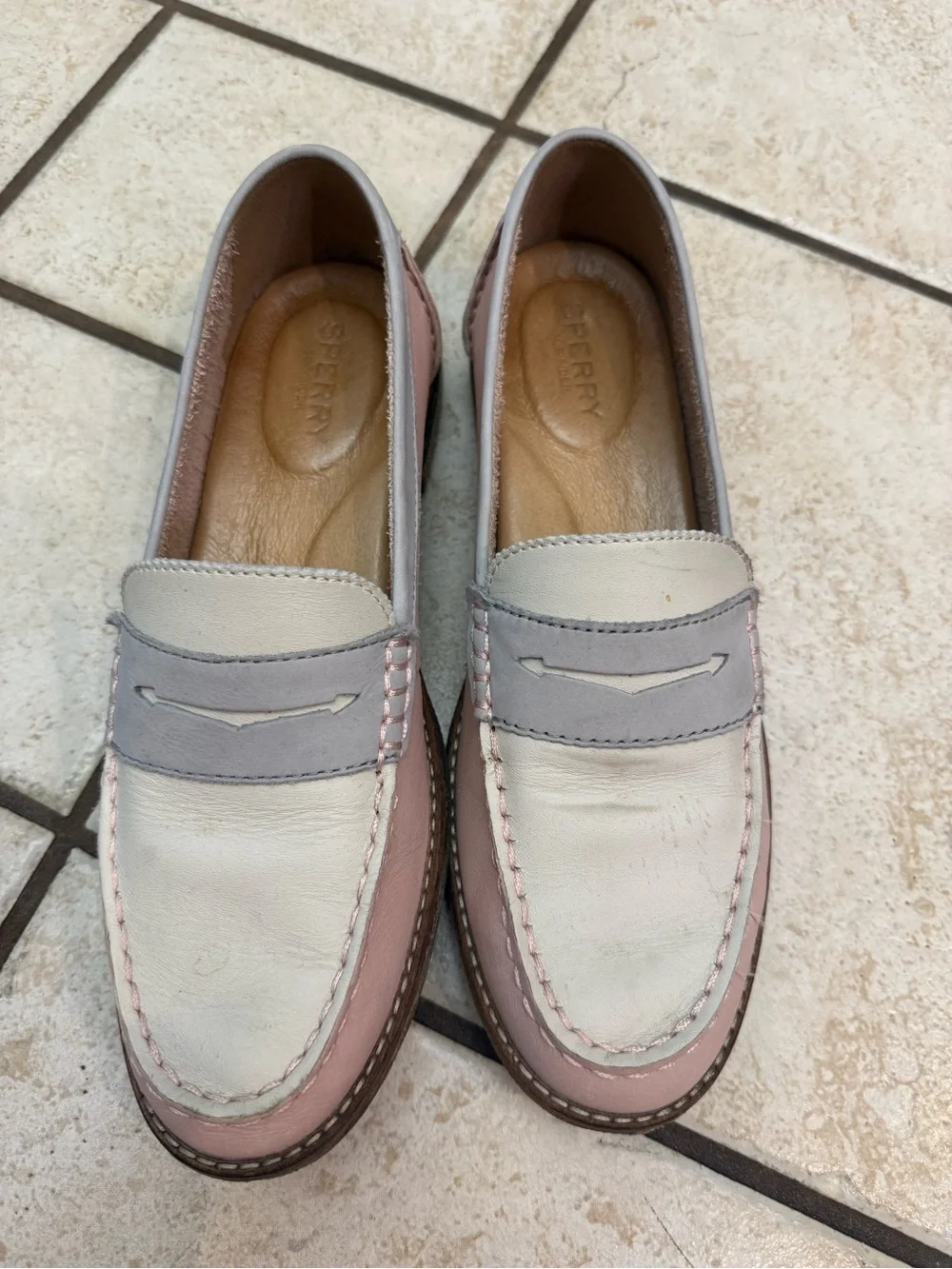 Sperry Women's Pink, Gray & White Leather Penny Loafers